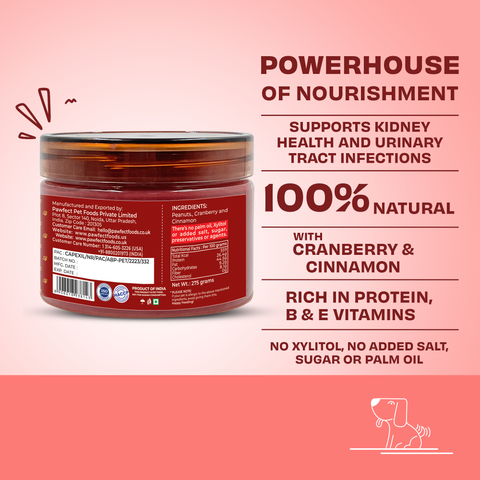 Pawfect Pet Foods Pvt Ltd - USA - Pawfect Peanut Butter with Cranberry & Cinnamon for Dogs & Puppies  | 100% Natural Peanut Butter | No Added Sugar, Salt, Palm Oil | No Sweeteners, No Xylitol | Healthy Lickable Dog Treat