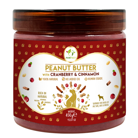 Pawfect Pet Foods Pvt Ltd - USA - Pawfect Peanut Butter with Cranberry & Cinnamon for Dogs & Puppies  | 100% Natural Peanut Butter | No Added Sugar, Salt, Palm Oil | No Sweeteners, No Xylitol | Healthy Lickable Dog Treat