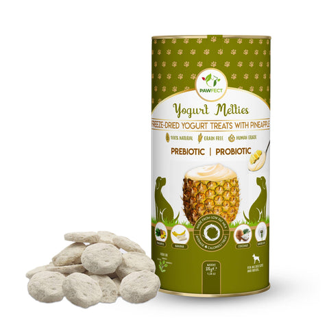 Pawfect Pet Foods Pvt Ltd - USA - Pawfect Yogurt Melties Pre and Probiotic Dog Treats with Pineapple, Coconut, Banana, Dandelion | Healthy Gut l Low Calories | Grain & Gluten Free | Reward or Training Treats (38g/1.34oz)