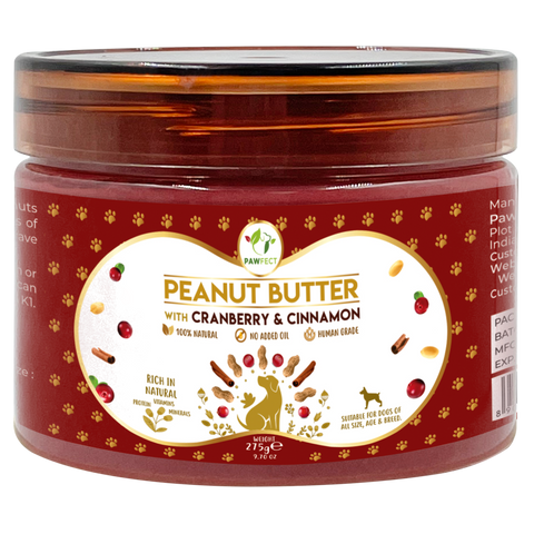 Pawfect Pet Foods Pvt Ltd - USA - Pawfect Peanut Butter with Cranberry & Cinnamon for Dogs & Puppies  | 100% Natural Peanut Butter | No Added Sugar, Salt, Palm Oil | No Sweeteners, No Xylitol | Healthy Lickable Dog Treat