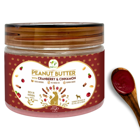 Pawfect Pet Foods Pvt Ltd - USA - Pawfect Peanut Butter with Cranberry & Cinnamon for Dogs & Puppies  | 100% Natural Peanut Butter | No Added Sugar, Salt, Palm Oil | No Sweeteners, No Xylitol | Healthy Lickable Dog Treat