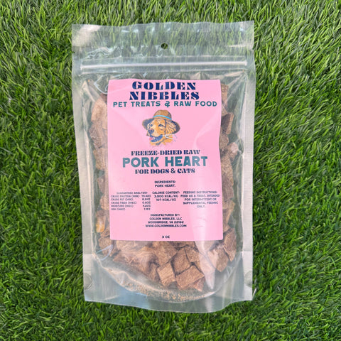 Golden Nibbles - Pork Heart - 3oz Bag - Freeze-Dried Treat for Dogs & Cats