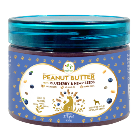 Pawfect Pet Foods Pvt Ltd - USA - Pawfect Peanut Butter with Blueberries & Hempseeds for Dogs & Puppies  | 100% Natural Peanut Butter | No Added Sugar, Salt, Palm Oil | No Sweeteners, No Xylitol | Healthy Lickable Dog Treat