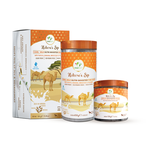 Pawfect Pet Foods Pvt Ltd - USA - Pawfect Nature's Sip Camel Milk Powder with Papaya, Banana, Broccoli & Flaxseeds| Easily Digestible| Pre & Probiotics| Healthy Topper| Low Glycemic| Hydration Support | Milk Replacer for Dogs