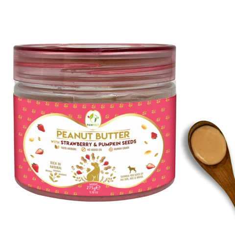 Pawfect Pet Foods Pvt Ltd - USA - Pawfect Peanut Butter with Strawberry & Pumpkin Seeds for Dogs & Puppies | 100% Natural| No Added Sugar, Salt, Palm Oil | No Sweeteners, No Xylitol | Healthy Dog Treat (275g/9.70oz)