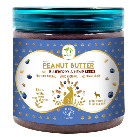 Pawfect Pet Foods Pvt Ltd - USA - Pawfect Peanut Butter with Blueberries & Hempseeds for Dogs & Puppies  | 100% Natural Peanut Butter | No Added Sugar, Salt, Palm Oil | No Sweeteners, No Xylitol | Healthy Lickable Dog Treat