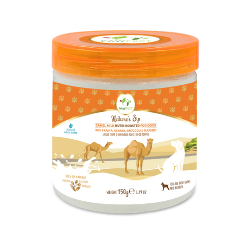 Pawfect Pet Foods Pvt Ltd - USA - Pawfect Nature's Sip Camel Milk Powder with Papaya, Banana, Broccoli & Flaxseeds| Easily Digestible| Pre & Probiotics| Healthy Topper| Low Glycemic| Hydration Support | Milk Replacer for Dogs