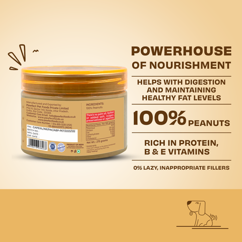 Pawfect Pet Foods Pvt Ltd - USA - Pawfect Peanut Butter for Dogs | 100% Natural Peanut Butter | No Added Sugar, Salt, Palm Oil | No Sweeteners, No Xylitol | Dog Friendly Texture | Healthy Lickable Dog Treat