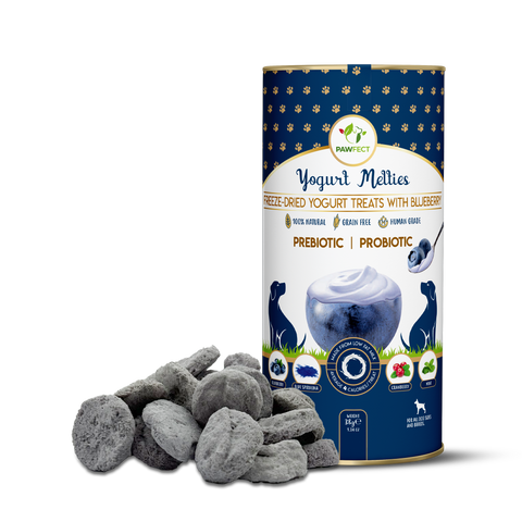 Pawfect Pet Foods Pvt Ltd - USA - Pawfect Yogurt Melties Pre and Probiotic Dog Treats with Blueberry, Cranberry, Blue Spirulina, Mint | Healthy Gut | Low Calories | Grain & Gluten Free | Reward or Training Treats (38g/1.34oz)