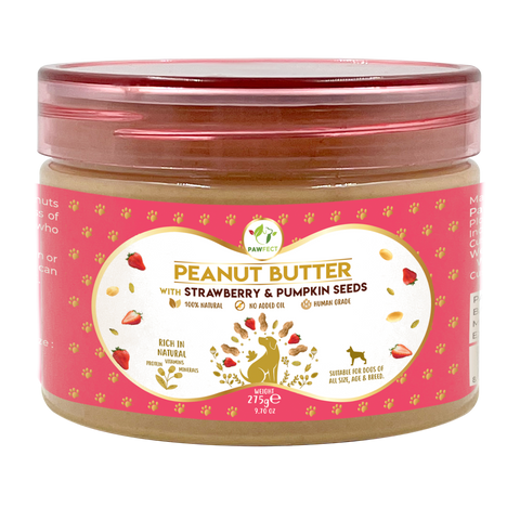 Pawfect Pet Foods Pvt Ltd - USA - Pawfect Peanut Butter with Strawberry & Pumpkin Seeds for Dogs & Puppies | 100% Natural| No Added Sugar, Salt, Palm Oil | No Sweeteners, No Xylitol | Healthy Dog Treat (275g/9.70oz)